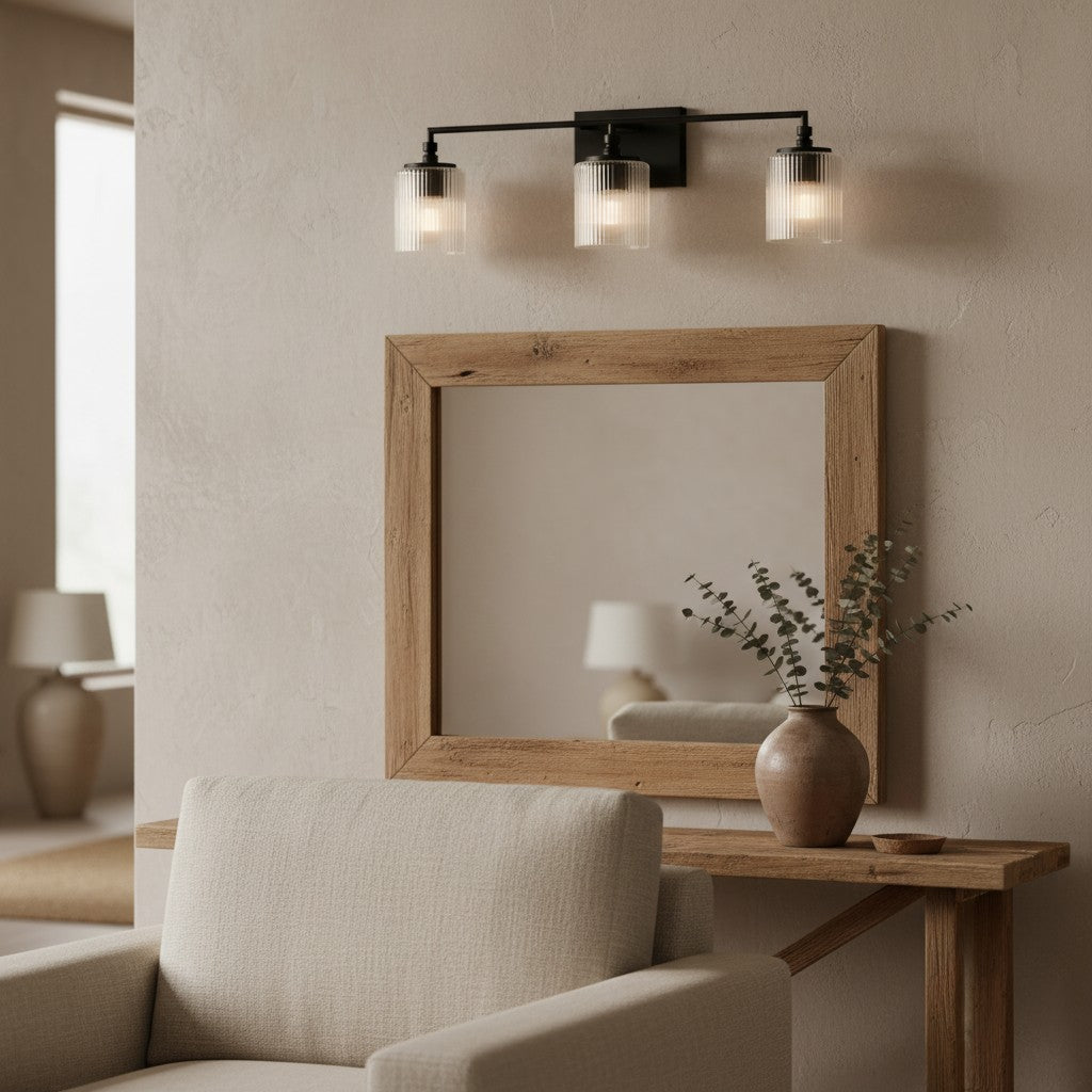 Luz de tocador Lirra de 3 luces regulable de vidrio y metal - Diseño moderno para baño y dormitorio