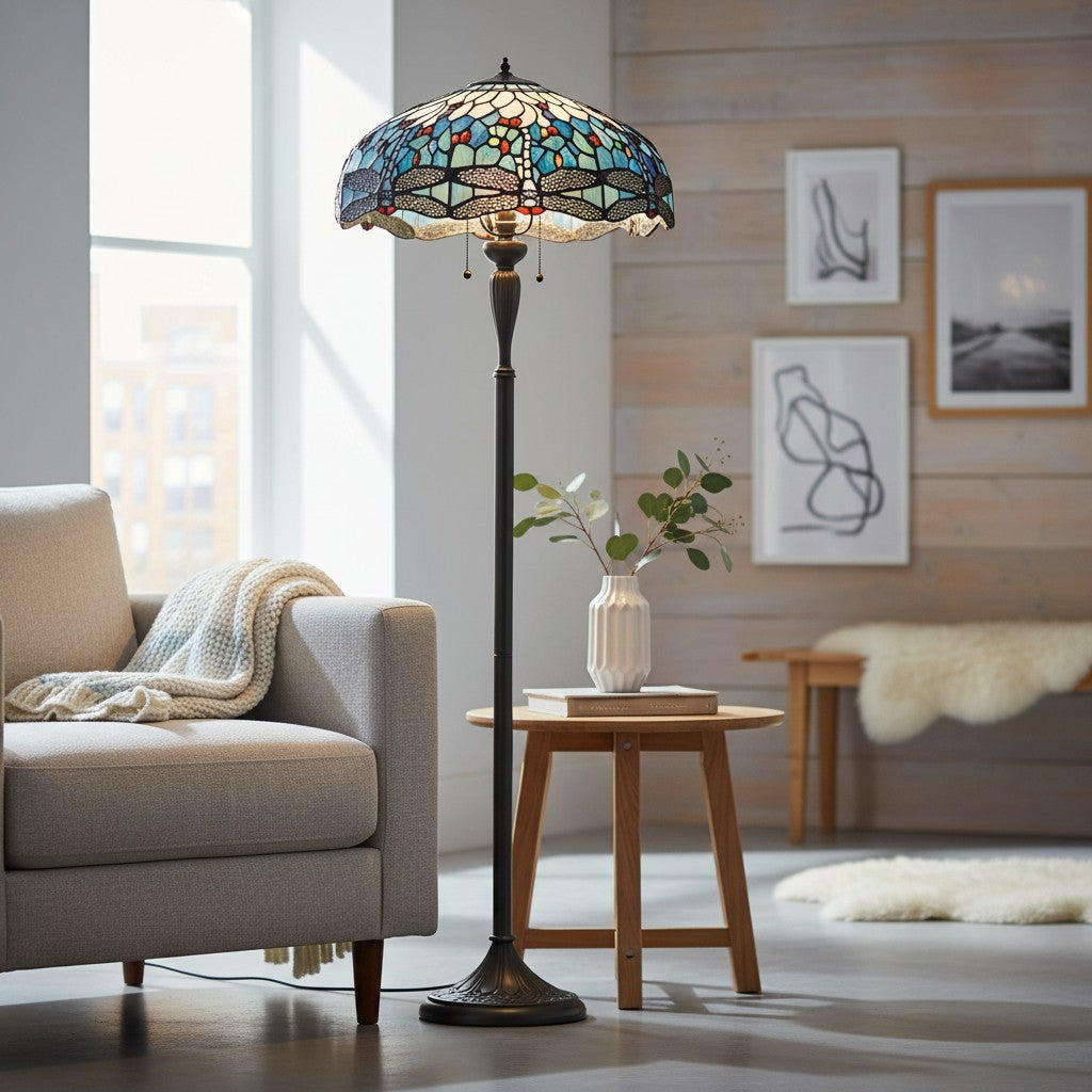 TiffStar kunstglas vloerlamp met sierlijke patroonlampenkap – staande lamp voor woonkamers