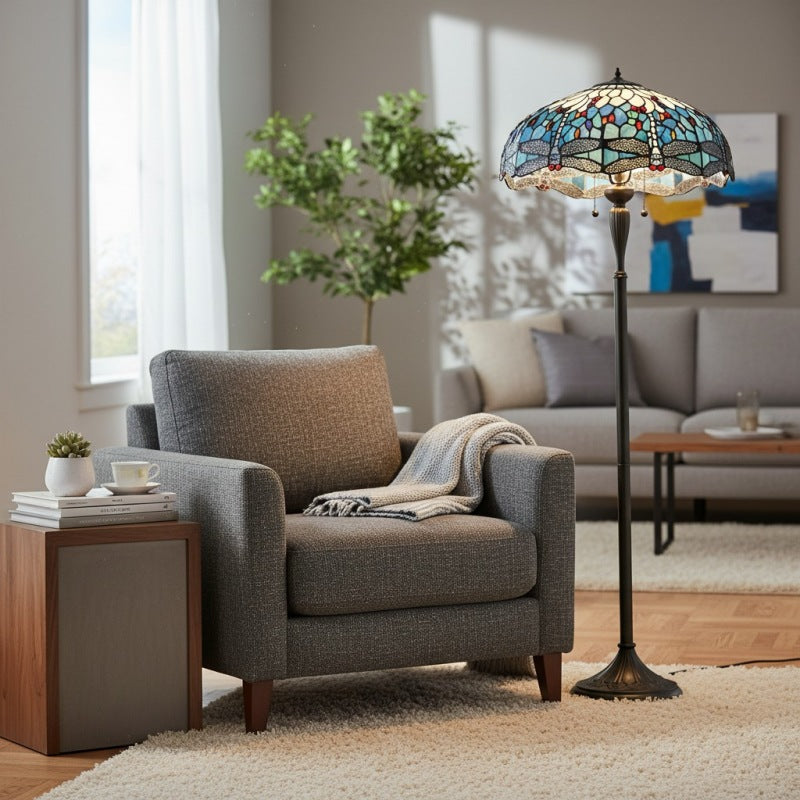 TiffStar kunstglas vloerlamp met sierlijke patroonlampenkap – staande lamp voor woonkamers