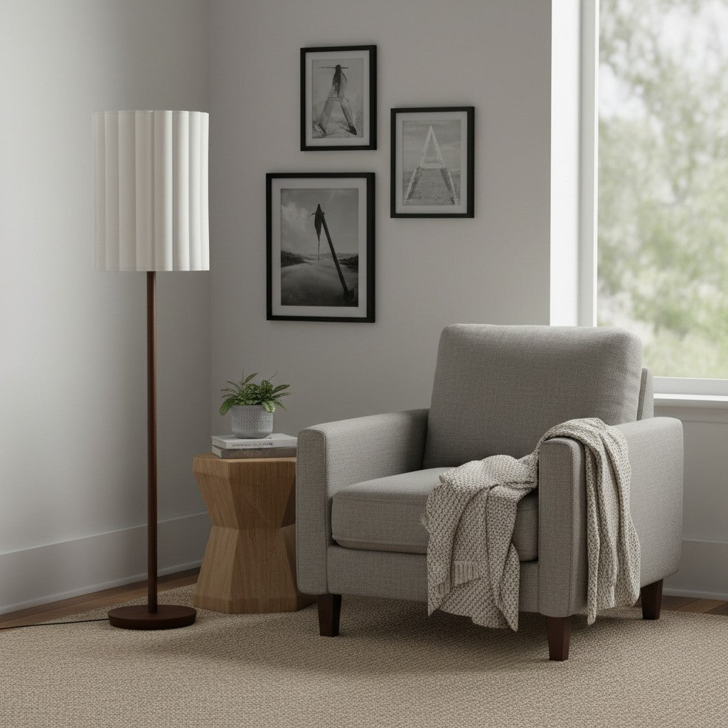 Lampe sur pied en bois de noyer Linbron avec abat-jour en lin cannelé – Décoration intérieure moderne et naturelle