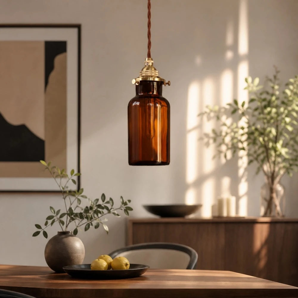 Amber brown glass pendant lamp room scene