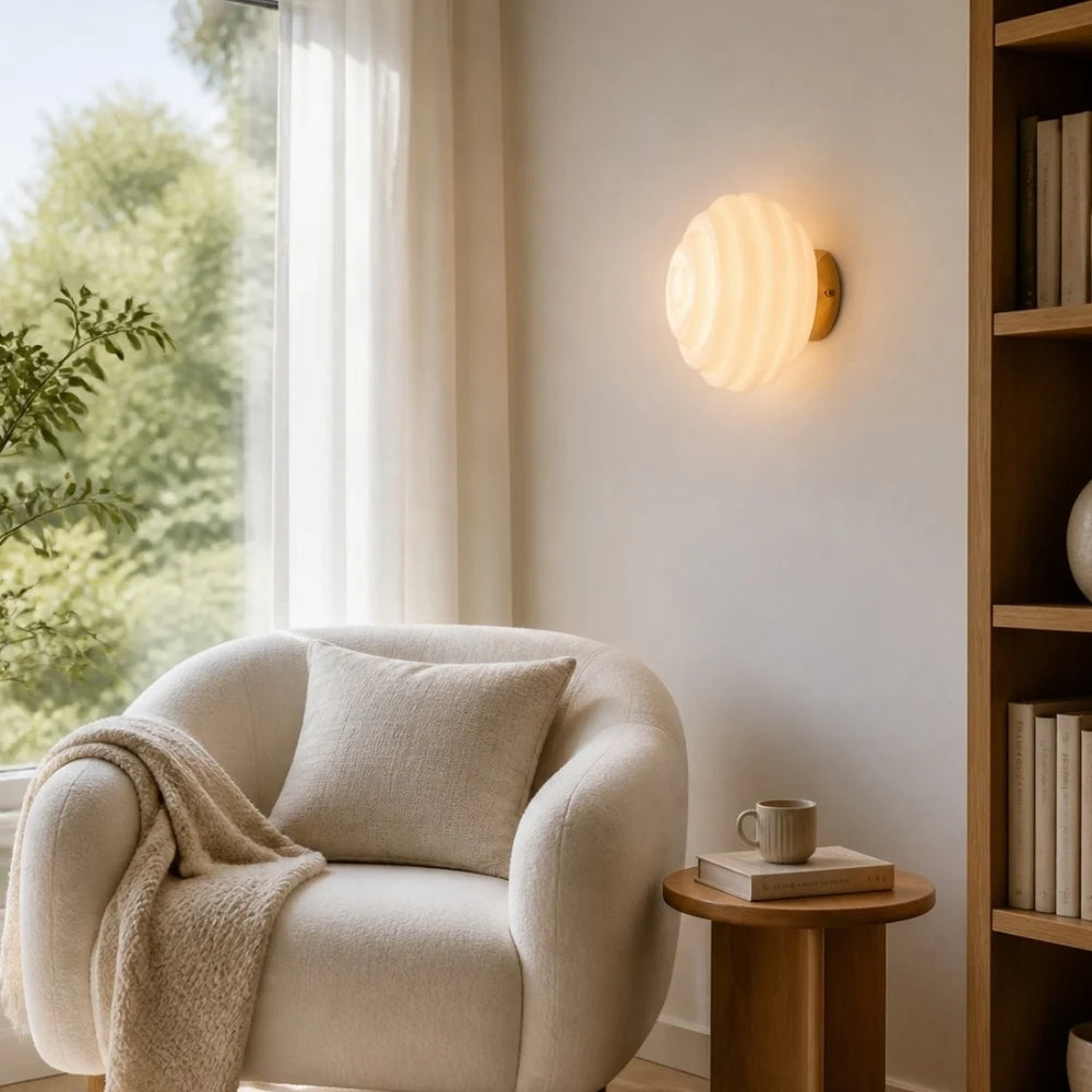 Cream ribbed glass wall lamp beside a lounge chair