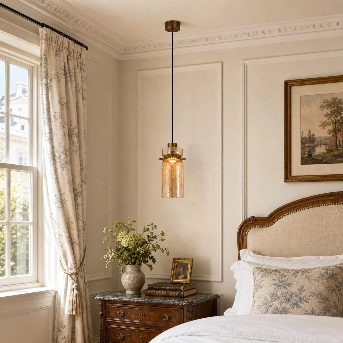 Crackle glass pendant shown in an installed room view