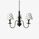 Cargar imagen en el visor de la Galería, Three-light black chandelier with cream polka dot fabric shades