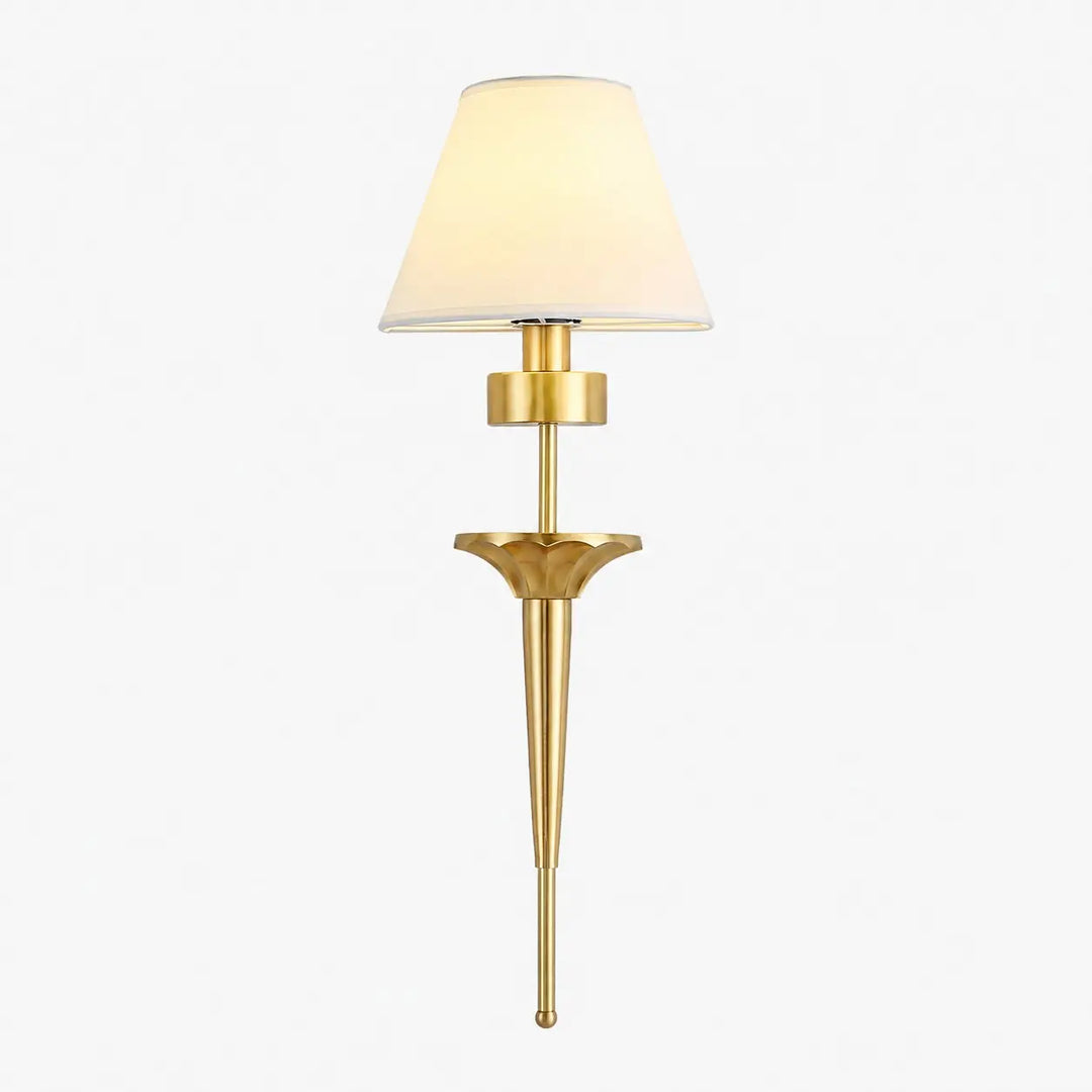 Brass wall sconce with white fabric shade