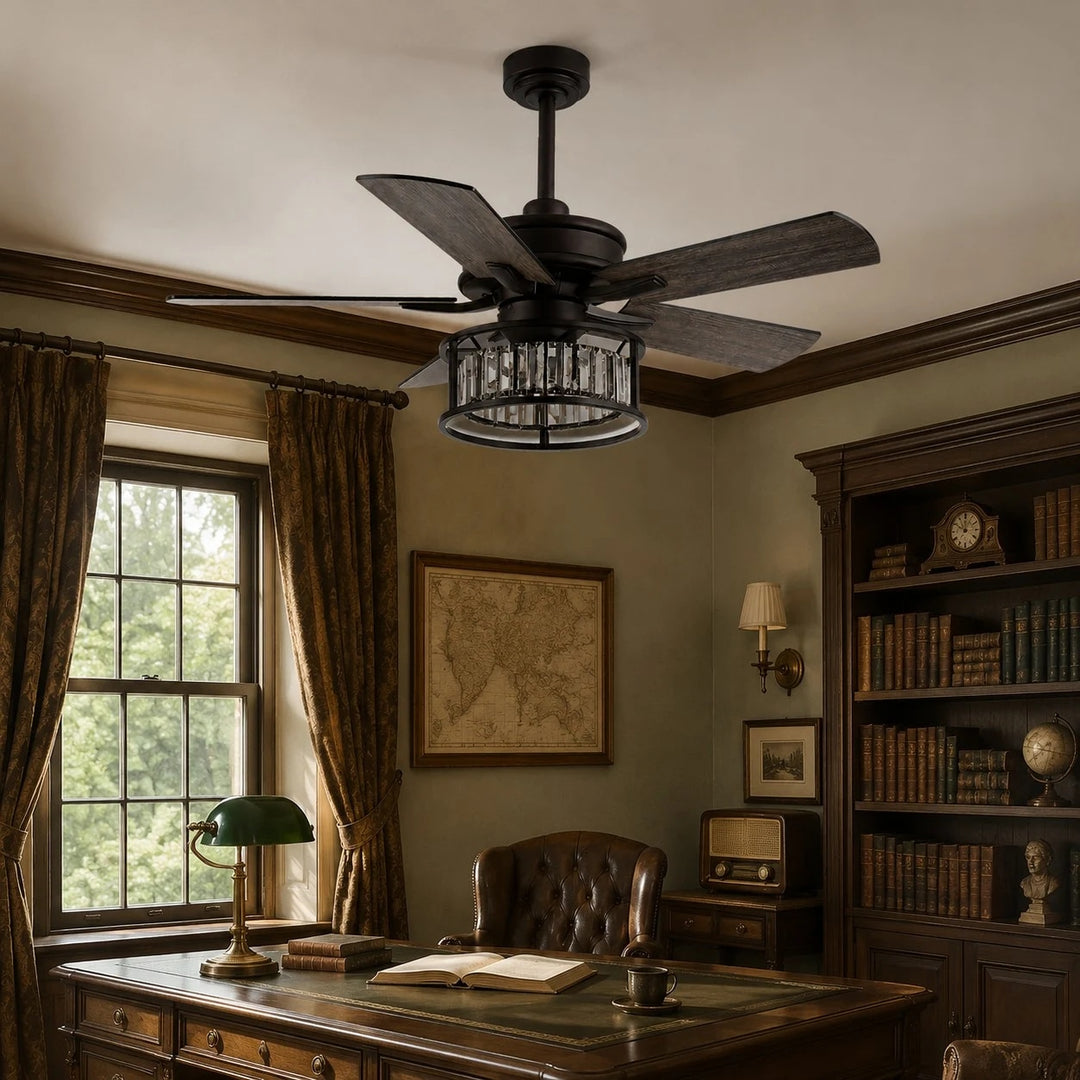 Black caged ceiling fan light in a classic library room