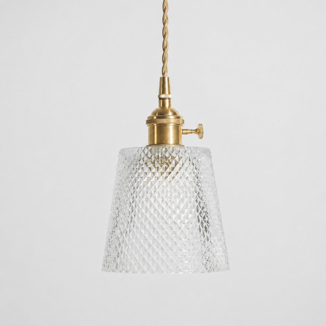 Style A textured glass shade with antique brass E27 socket, front view