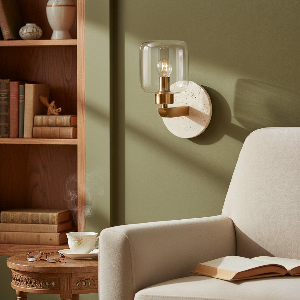 Lámpara de Pared Moderna de Mármol Korlisse - Latón Vintage y Acento de Vidrio Transparente para Sala de Estar y Pasillo