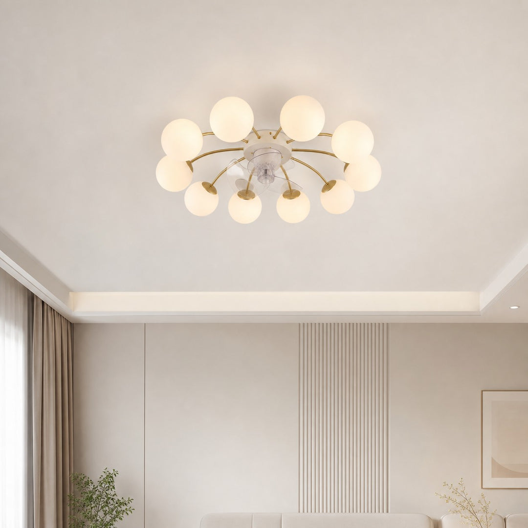 Ventilatore da soffitto moderno bianco e dorato con luce e globi in vetro