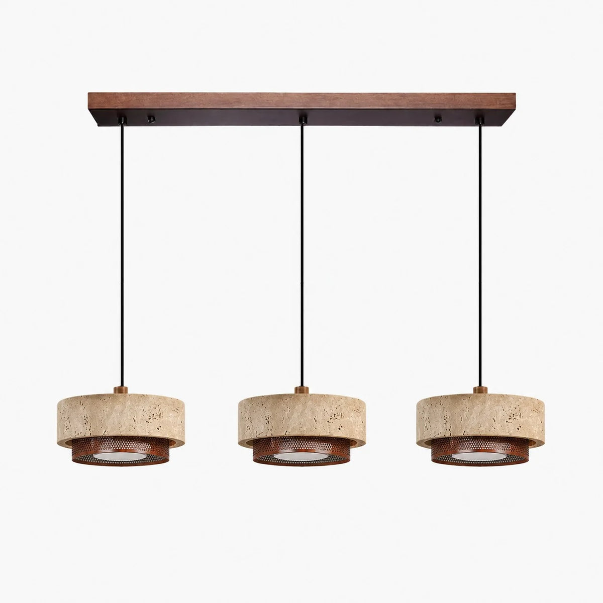three head natural travertine walnut pendant light