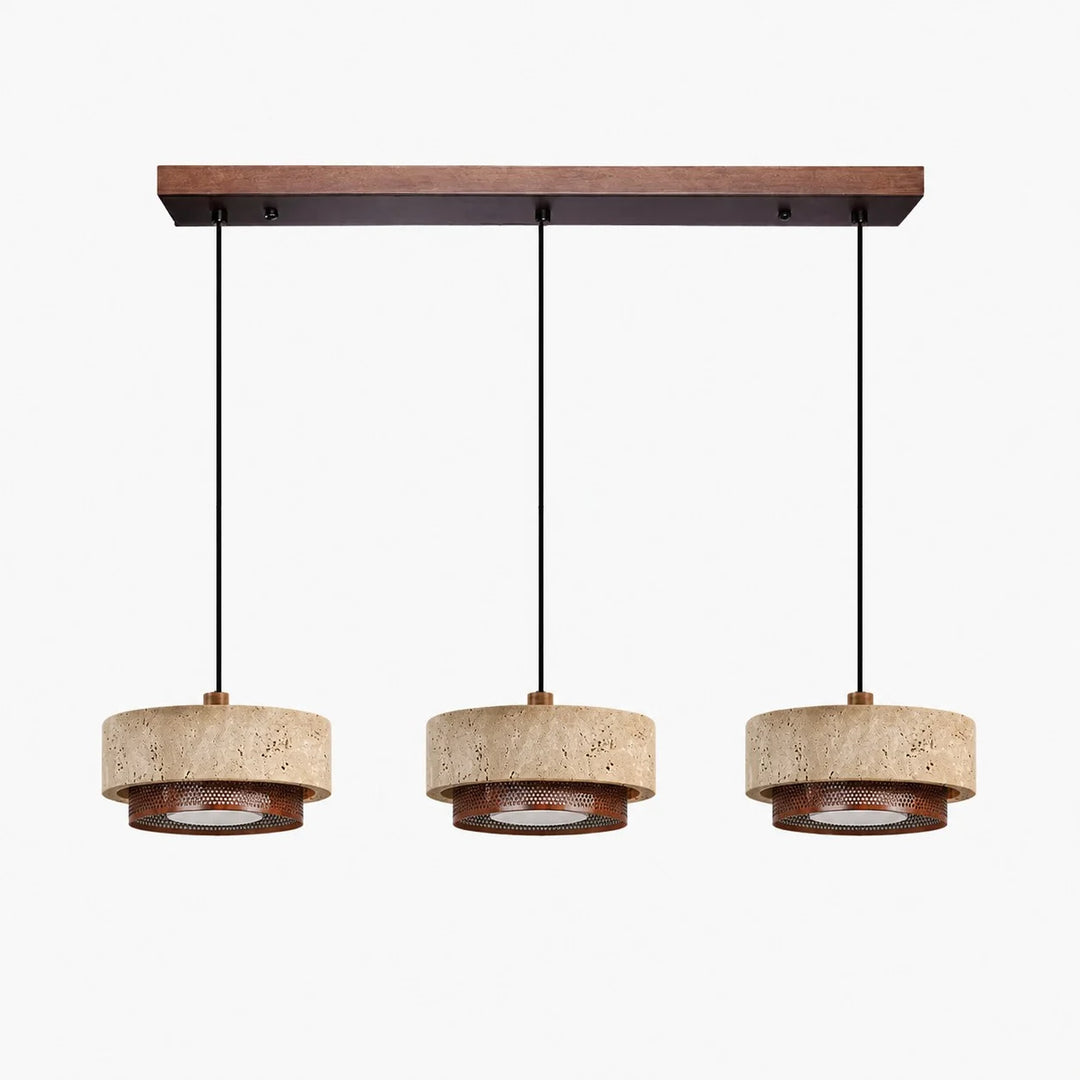 three head natural travertine walnut pendant light