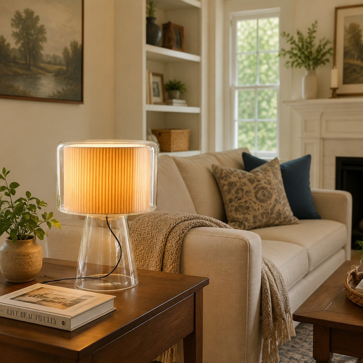 Natural Glass Table Lamp With Fabric Shade