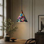 Carica l'immagine nella visualizzazione Galleria, Painted floral pendant above wood table in softly shadowed dining room