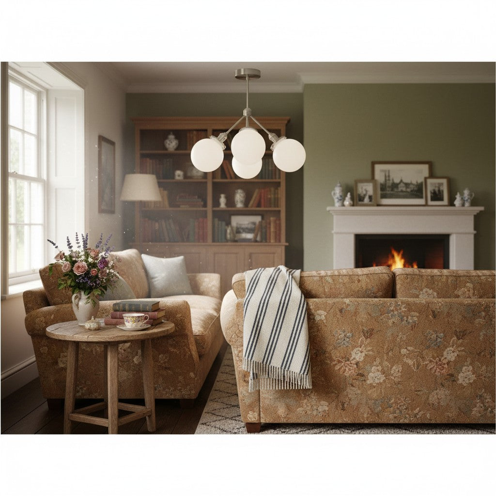 Glorica Glass Chandelier - Brass Globe Ceiling Light with Opal Shade