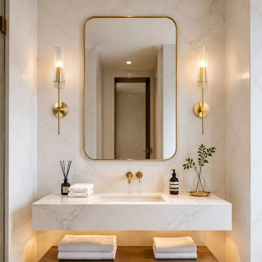 Copper alabaster wall sconces installed beside a bathroom mirror