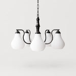 Afbeelding laden in galerijweergave, Vintage five-heads black iron chandelier with ribbed glass shades