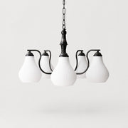 Vintage five-heads black iron chandelier with ribbed glass shades