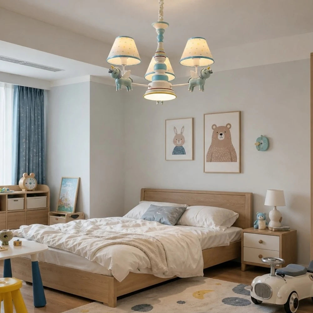 Fabric shade chandelier above a children bedroom space