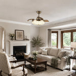 Bild in die Galerieansicht laden, Classic living room with brass ceiling fan light above seating