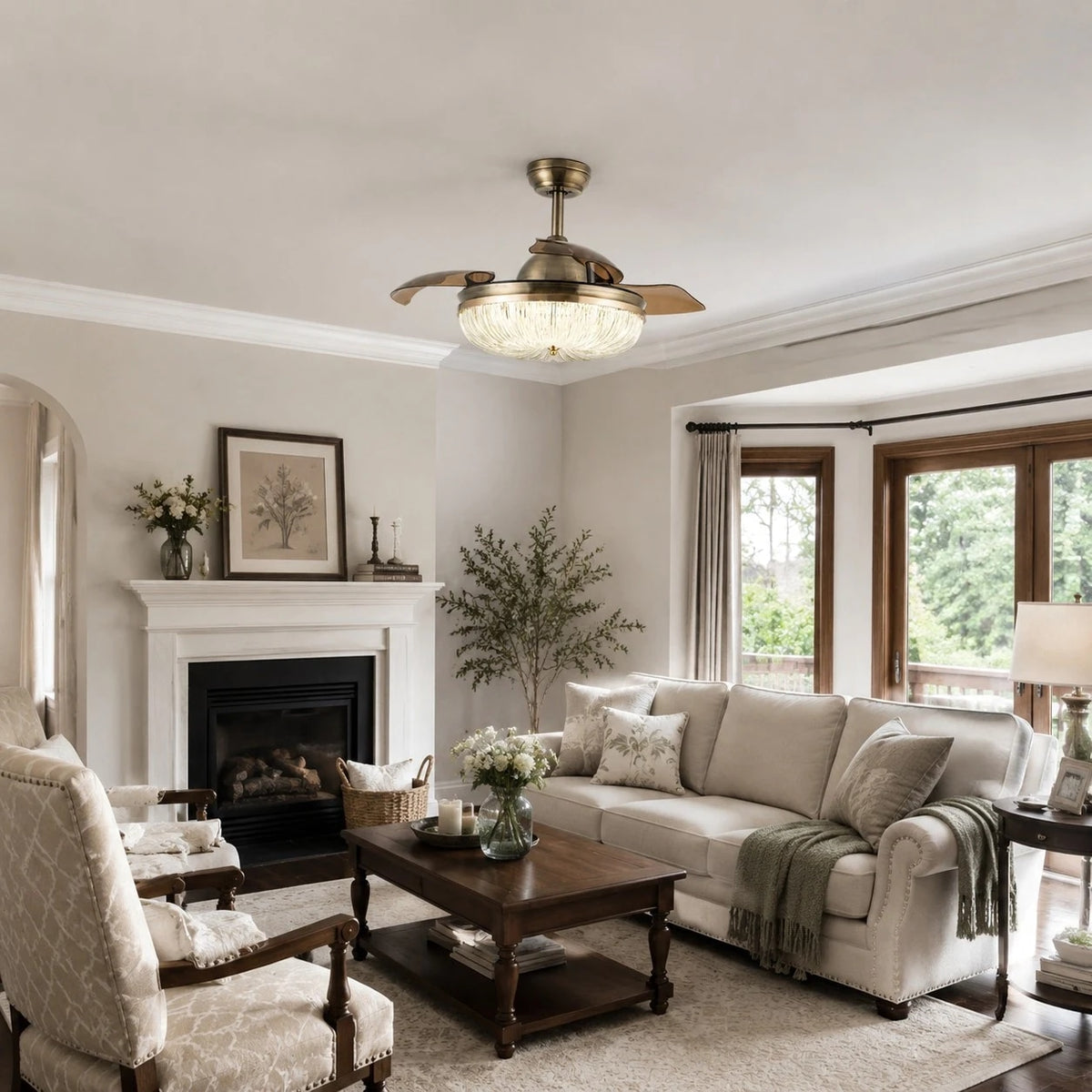 Classic living room with brass ceiling fan light above seating