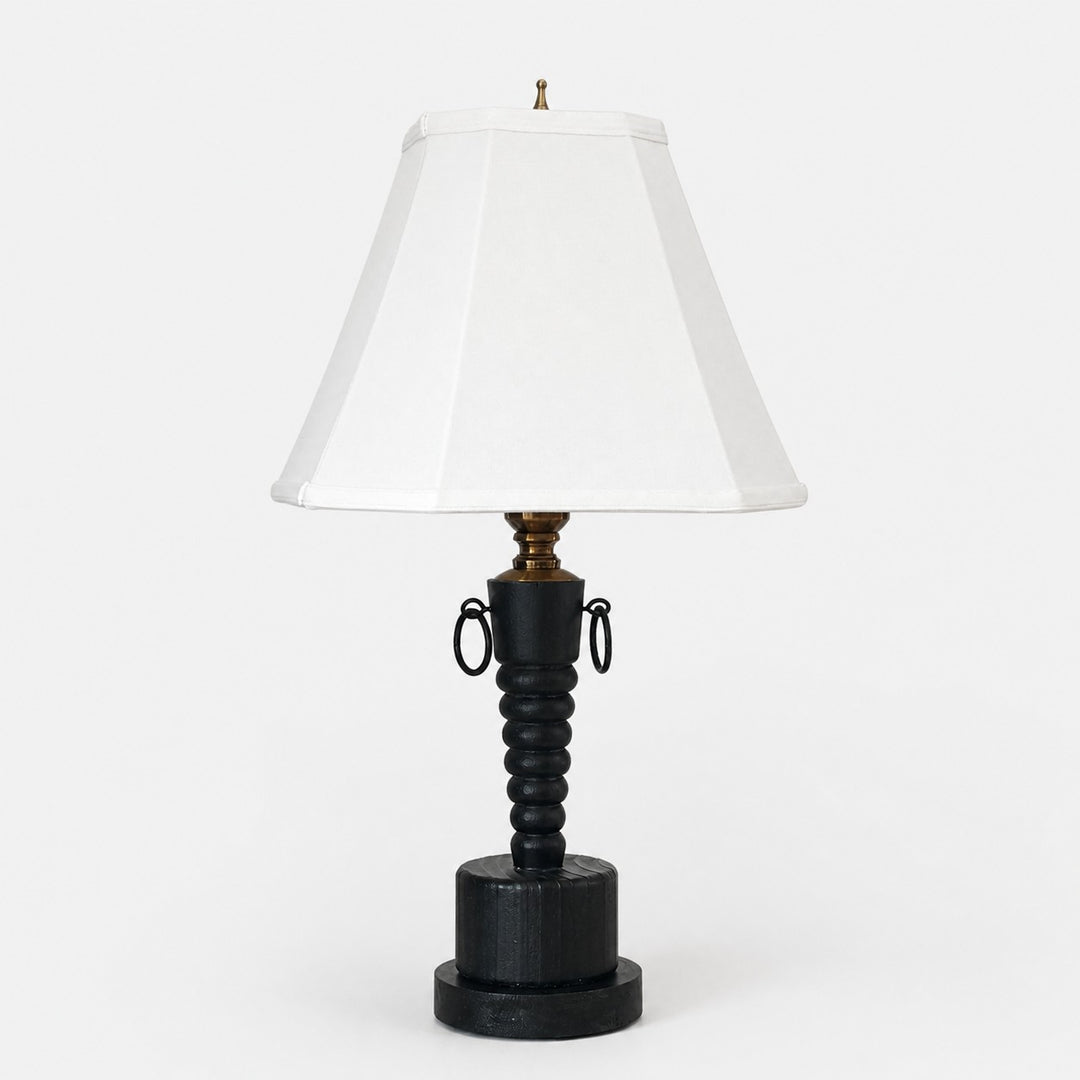 Vintage Black Wood Table Lamp with White Fabric Shade