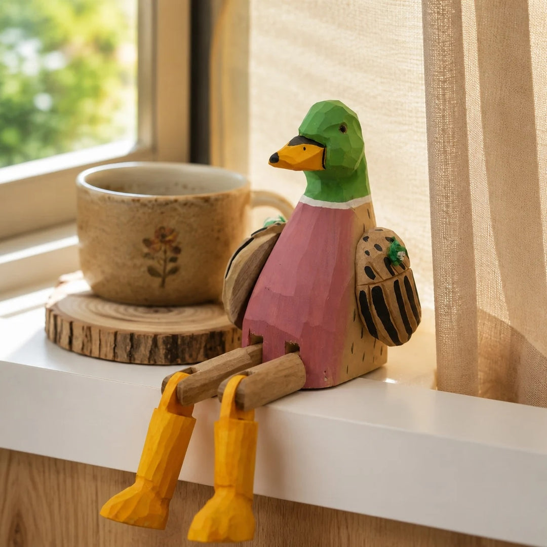 Hand-carved wooden green head duck ornament styled on a tabletop edge
