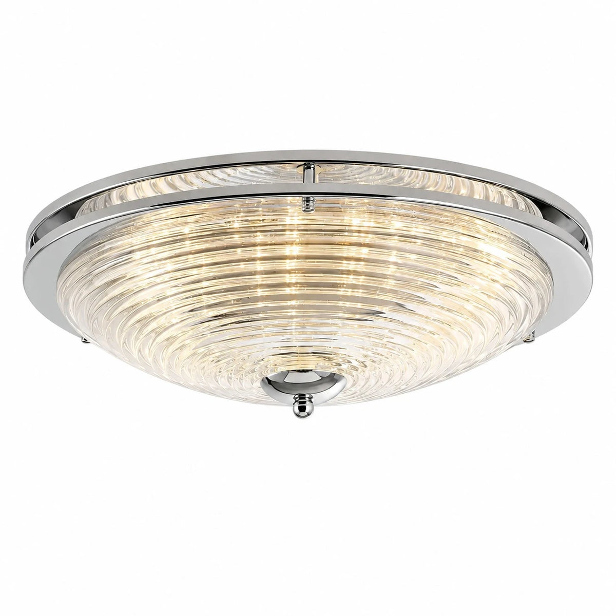 Chrome rippled glass flush mount ceiling light with warm light on