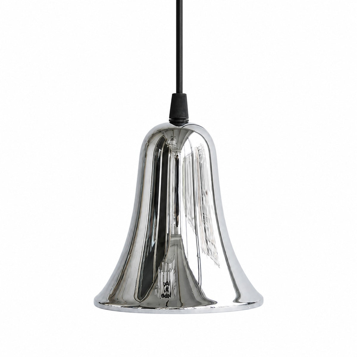 Bell-shaped chrome brass mini pendant light on a white background