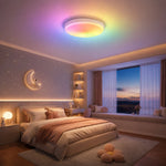 Cargar imagen en el visor de la Galería, Round ceiling lamp with warm rainbow glow over a bed