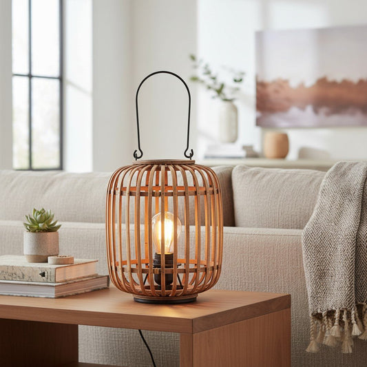 Lámpara de Mesa Ambiental Yumeko - Diseño de Jaula Abierta de Bambú, Estilosa y Ecológica para Salas y Dormitorios