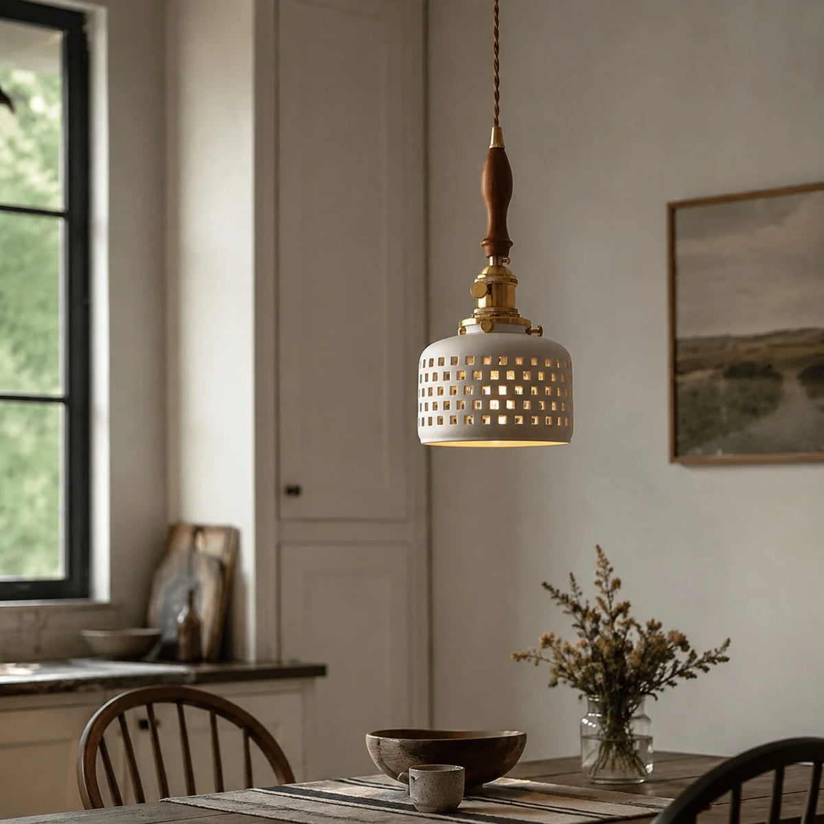 Wood accent grid ceramic pendant light in a dining area