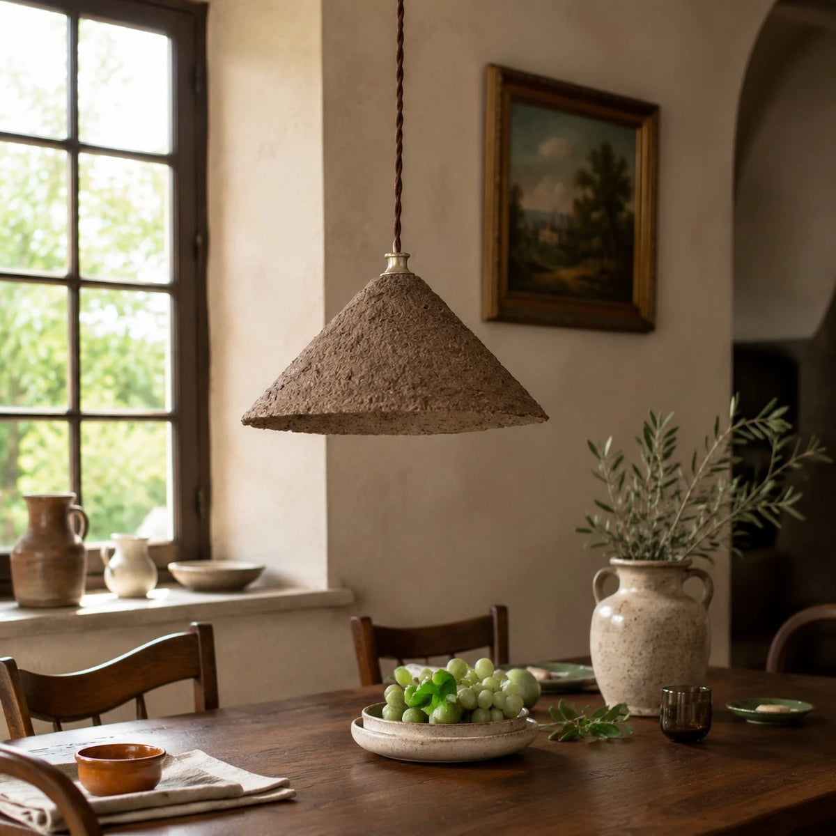 Textured cone pendant light in room setting