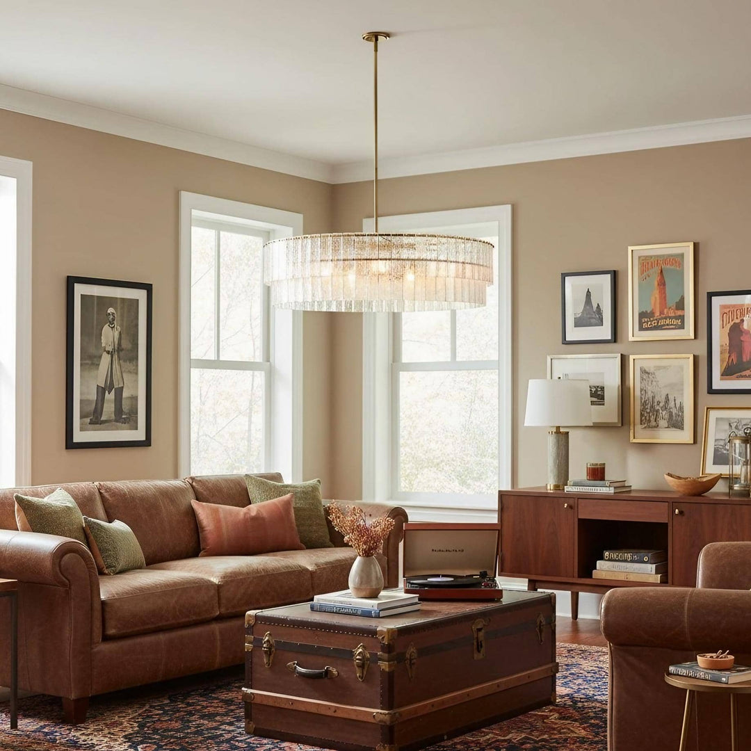 Lustre en verre texturé Lumvey - Lustre rond à deux niveaux de luxe fait main pour salon