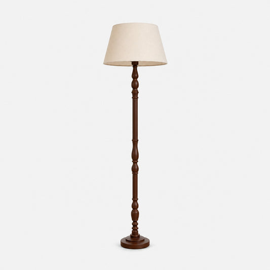 Lámpara de pie de madera torneada con pantalla de tela
