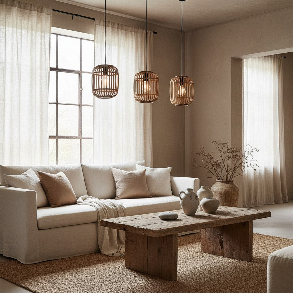 Lampe suspendue réglable en bambou Yumeko - Plafonnier à cage naturelle parfait pour les salons et salles à manger