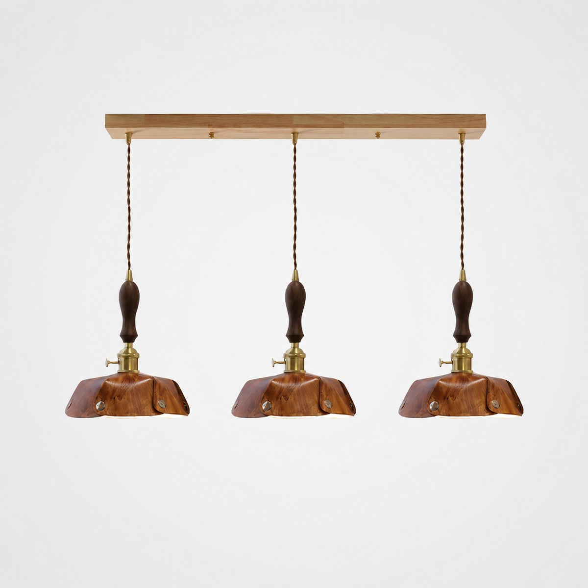 3-Light Linear Pendant Vintage Brown Leather Bar 75 cm / 29.5 in; Shade Dia. 25 cm / 9.8 in