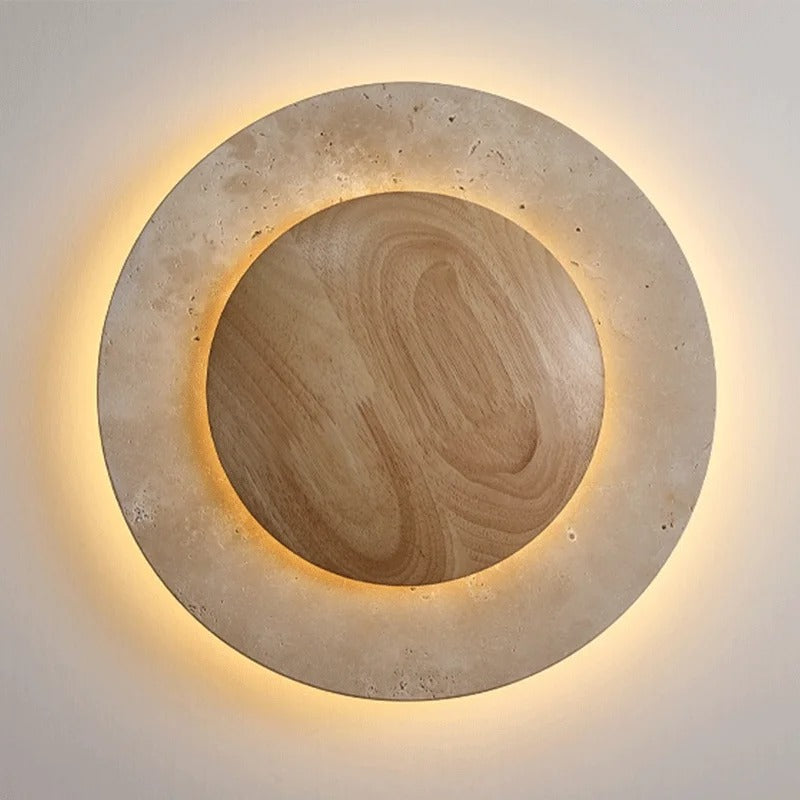 Applique murale ronde en bois et travertin