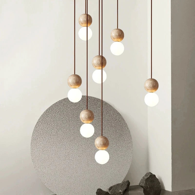 Lampada a Sospensione LED Retro Minimalista in Pietra di Travertino Crema