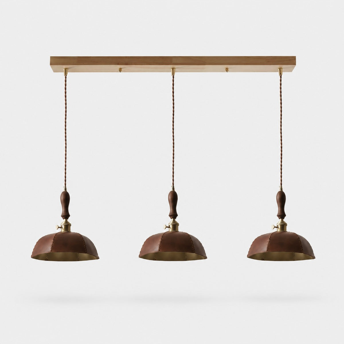 Vintage brown three-light leather bar pendant without crystal drops