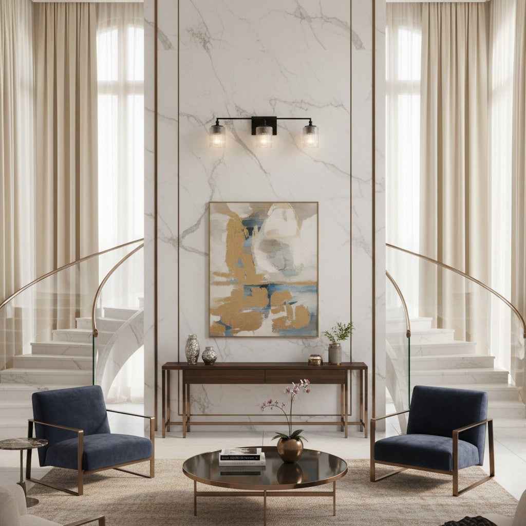 Luz de tocador Lirra de 3 luces regulable de vidrio y metal - Diseño moderno para baño y dormitorio