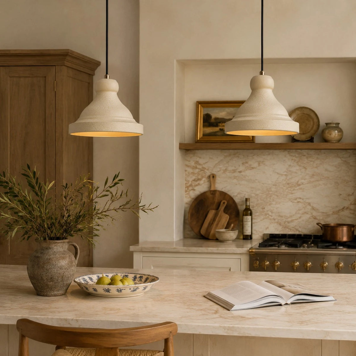Beige metal pendant lamp in a kitchen nook scene