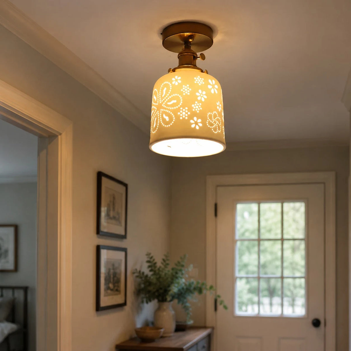 Flush mount ceramic ceiling light in a warm entryway