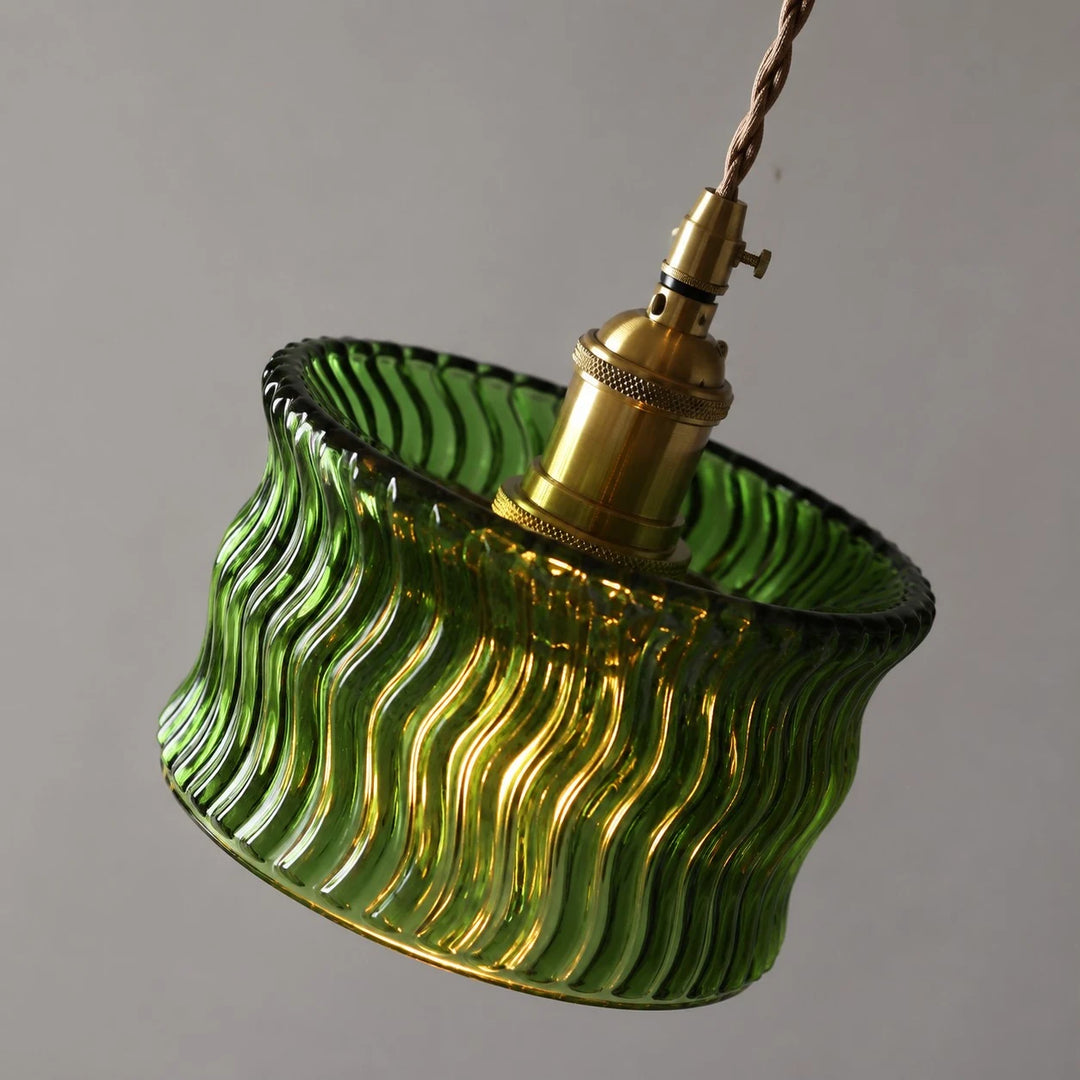 Vintage Ripple Glass Pendant Light With Warm Brass Accent