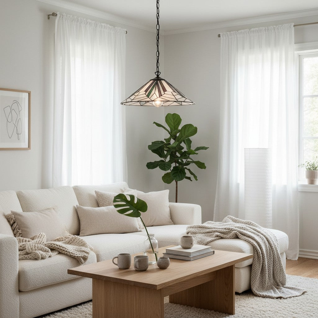 TF Astoria Tiffany Plafondhanglamp – Geometrisch Glasontwerp met Inkepingen voor Woonkamer