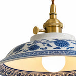 Afbeelding laden in galerijweergave, Blauwwitte keramische hanglamp met messingkleurige details