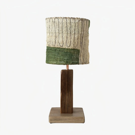 Green panel shade loofah table lamp on a white background