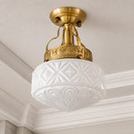 Afbeelding laden in galerijweergave, Cream White embossed glass ceiling light against decorative molding