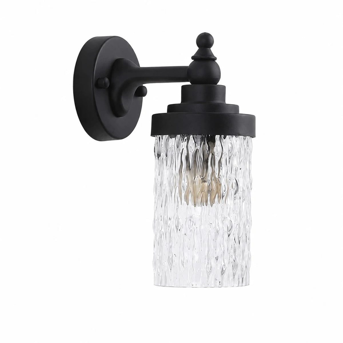 Black metal wall sconce with ribbed clear glass shade