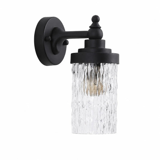 Black metal wall sconce with ribbed clear glass shade