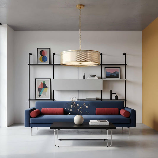 Lámpara Colgante Geométrica Liorin – Pantalla de Metal y Tela con Diseño Moderno para Interiores